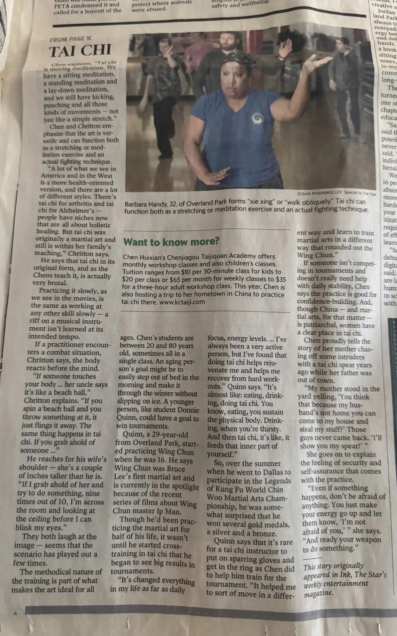 Second page of the January 22, 2017 Kansas City Star feature It's not what you think: Tai chi's many functions